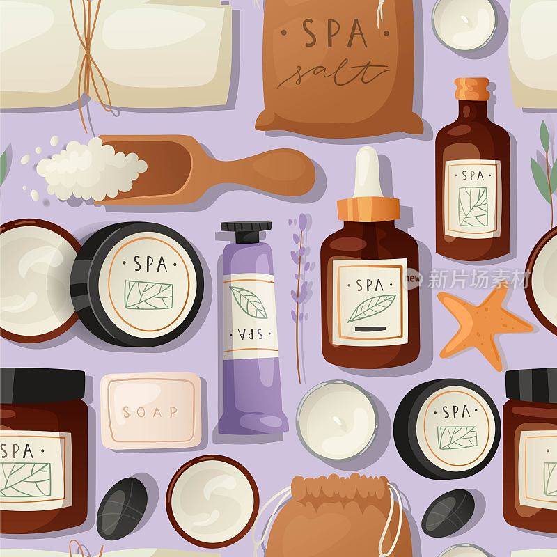 Bath accessories banner vector illustration. Realistic plastic containers bottles, tubes and jars for cream, body lotion, shampoo and soap, milk and gel. Organic spa supplies.